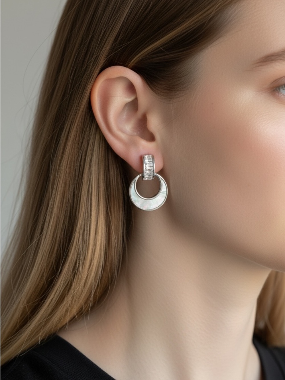 9/20 Silver Hoop Drop Earrings with Crystal Accents - White